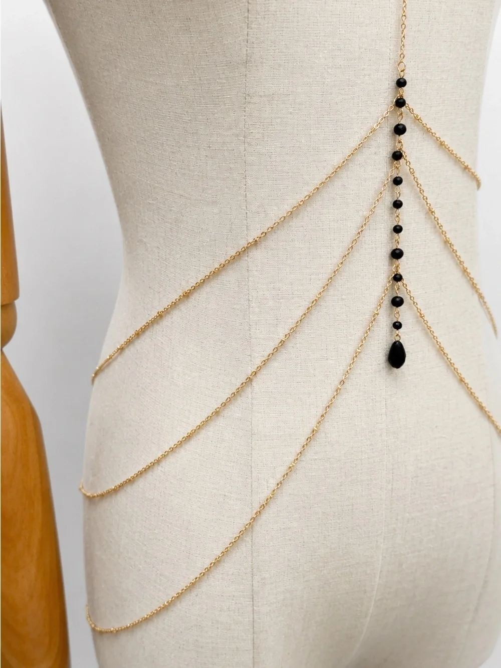 Black Beaded Gold Body Chain Necklace Layered Waist Chain Goth Festival